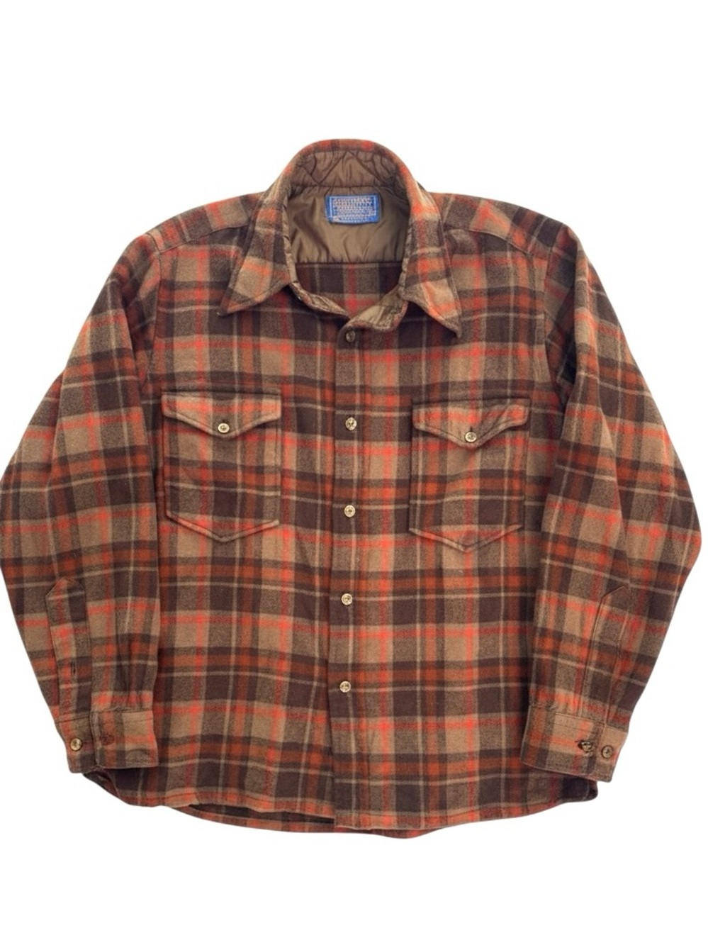 Vintage Pendleton Men's Brown & Orange Plaid Flannel Button Down Wool Shirt